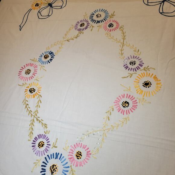 Vintage Handmade Bedspread Embroidered Flowers 72x80 Fringe Edges Floral Retro - Picture 3 of 14